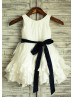 Ivory Taffeta Ruffle Flower Girl Dress With Navy Blue Sash
